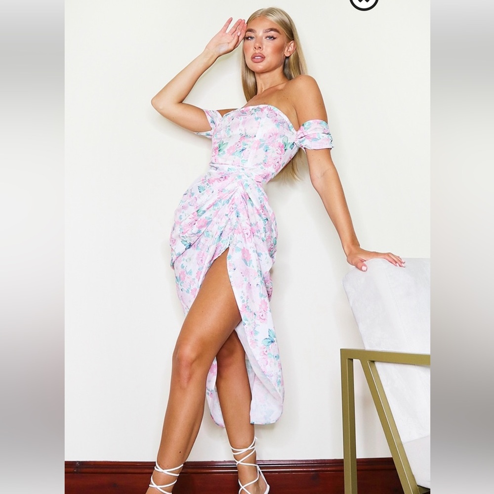 Pretty Little Thing Floral Bardot Draped Skirt Midi Dress